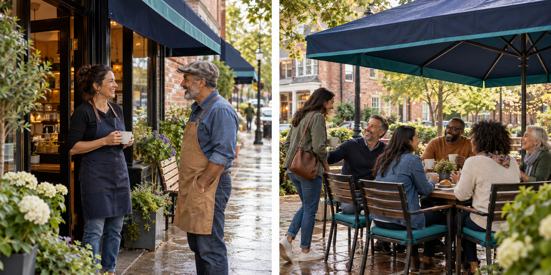 Local business owners talking beneath a navy and teal storefront awning