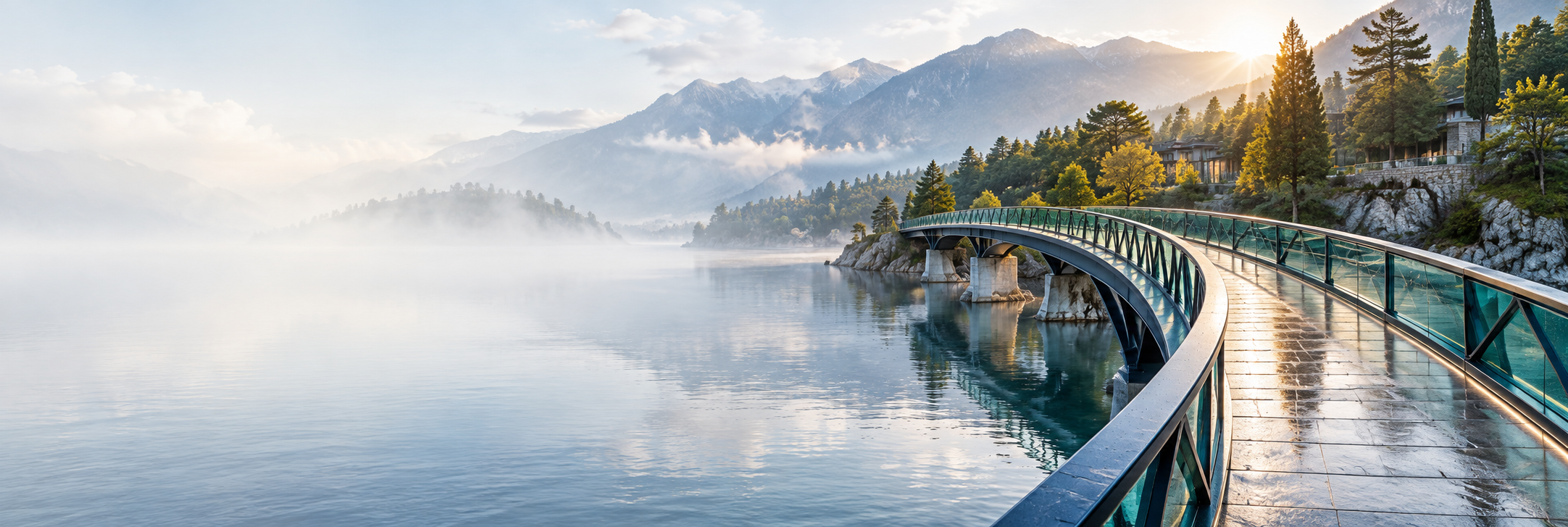A curving pedestrian bridge connecting the shores of a calm mountain lake
