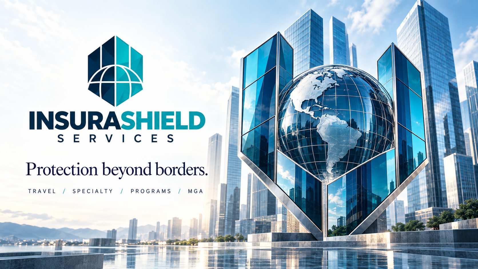 InsuraShield Services. Protection beyond borders. A glass shield enclosing a globe before a city skyline.