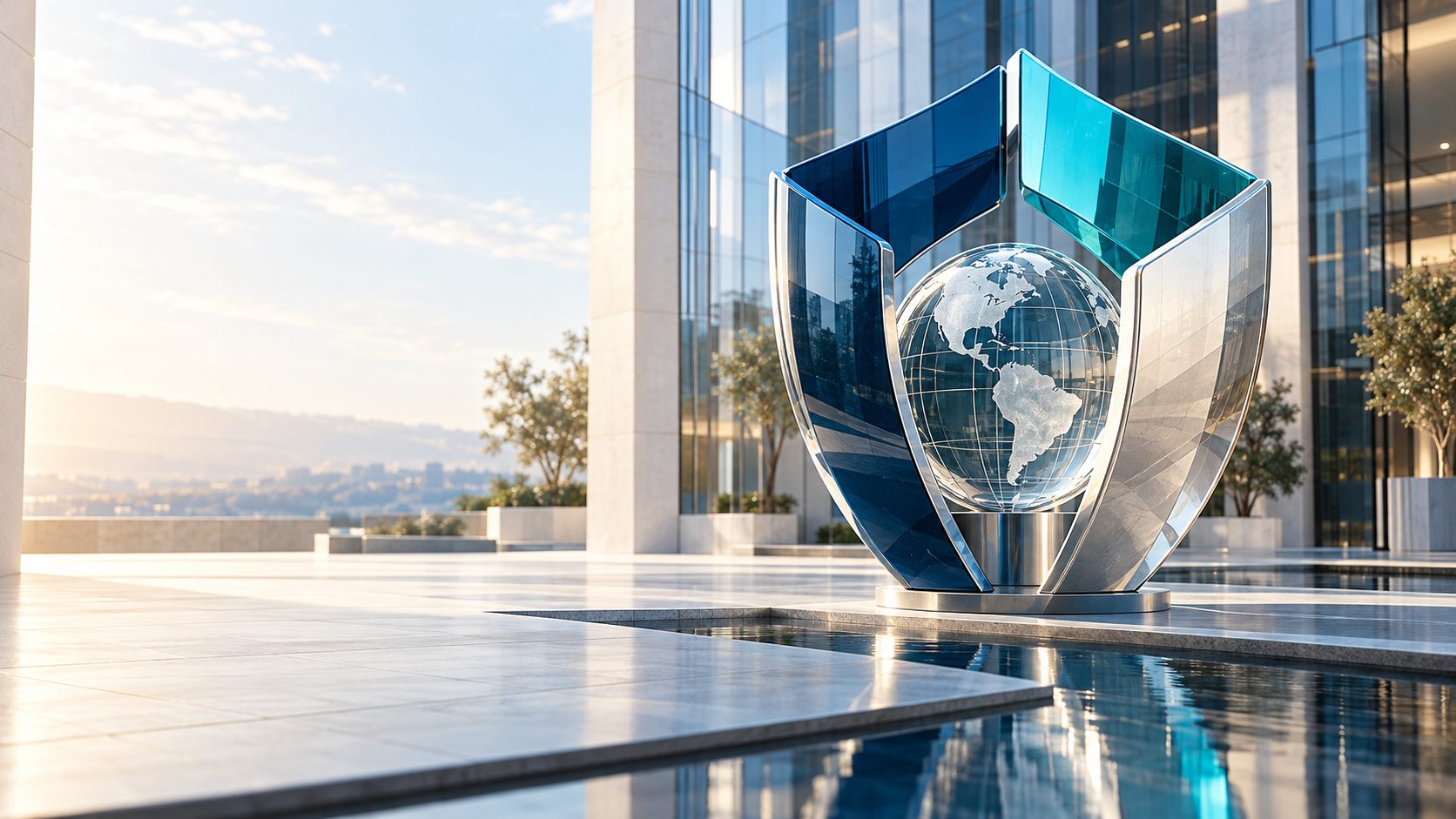 A glass shield sculpture enclosing a globe in a bright architectural courtyard