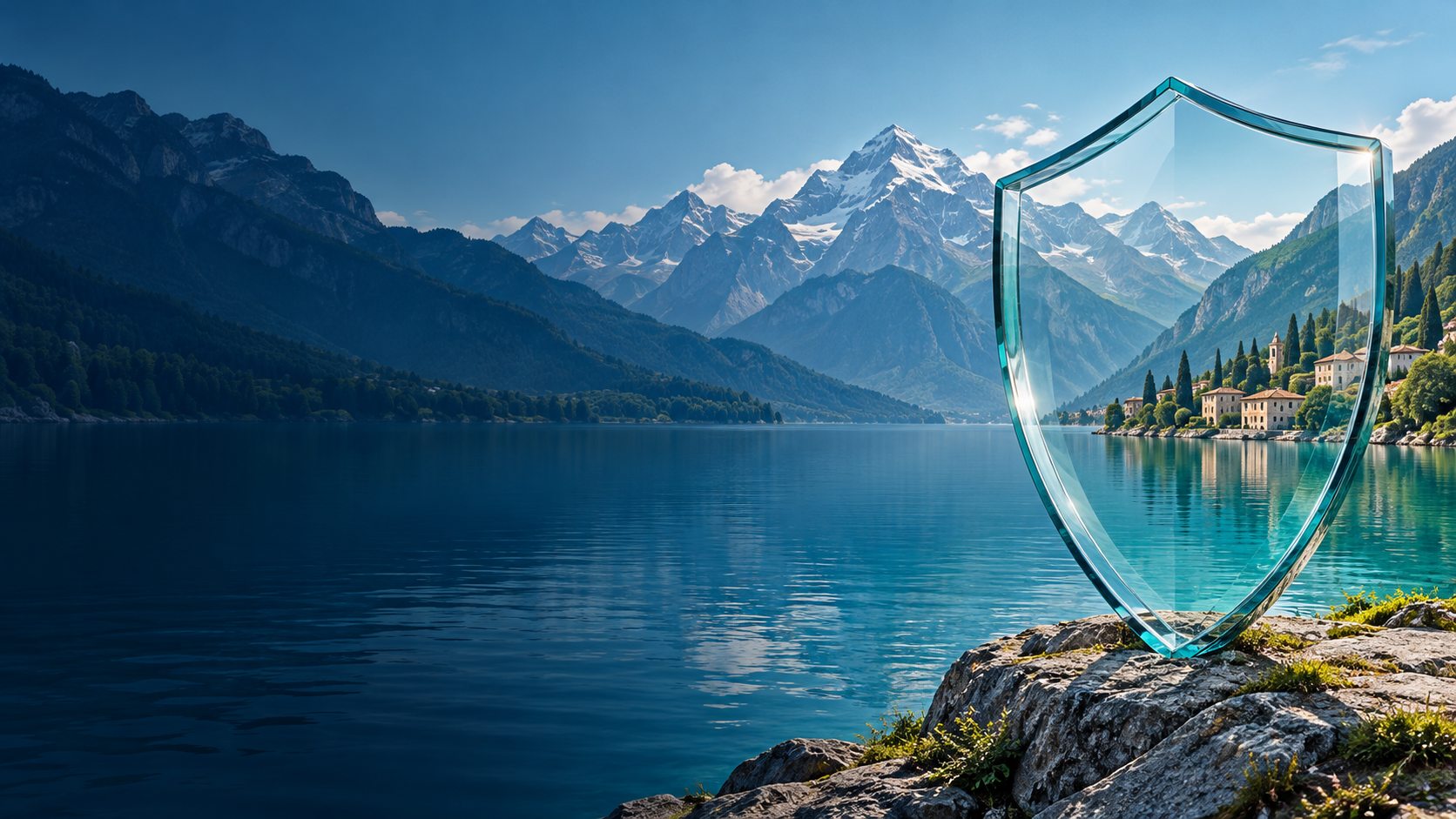 A glass shield beside an alpine lake, framing a lakeside village