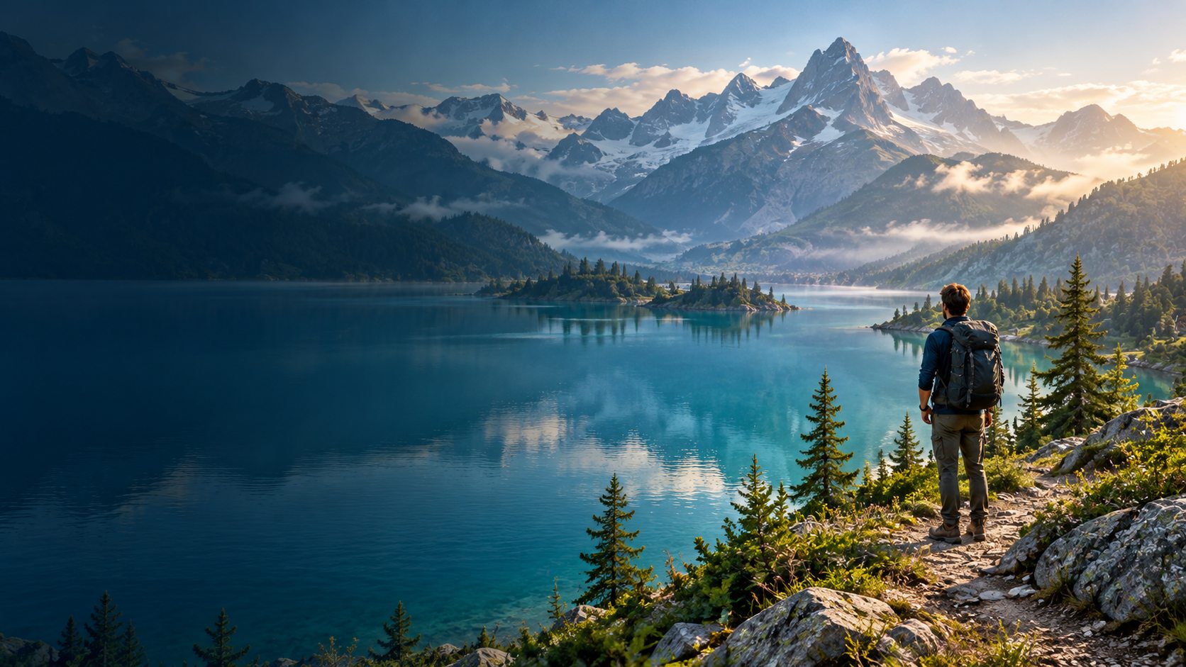 A backpacker overlooking a turquoise alpine lake and sunlit mountain peaks
