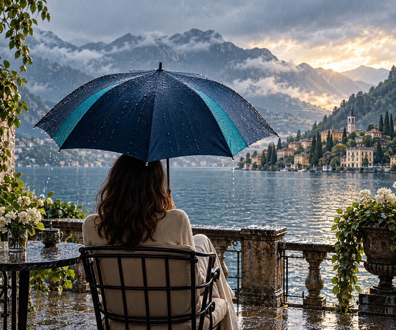 A traveler sheltered beneath a navy and teal umbrella, looking across a mountain lake in the rain